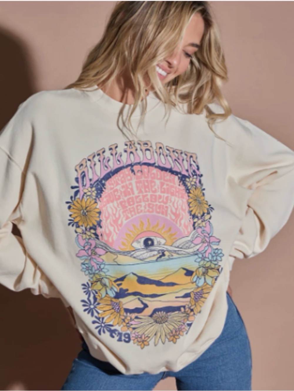 Billabong Ride In Oversized Crewneck Sweatshirt Women’s Sz XS Beachy Surfer Boho